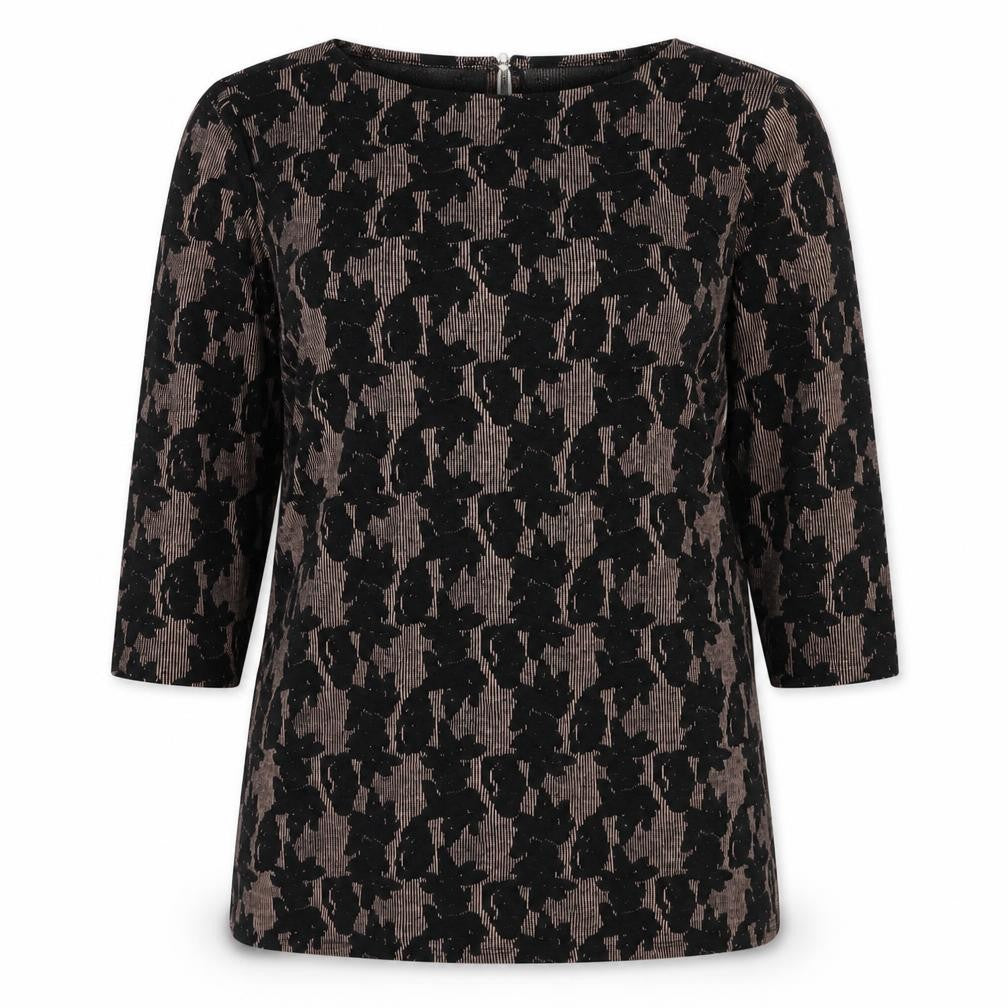 Front view of Nutmeg women’s black geometric polyester tunic blouse, size UK 12, boat neck