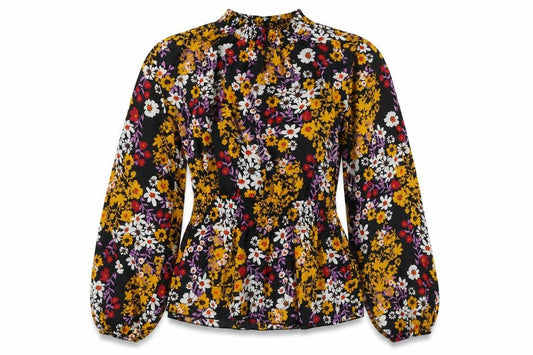 Front view of Outrageous women’s multicoloured floral polyester tunic blouse, size UK 12, round neck