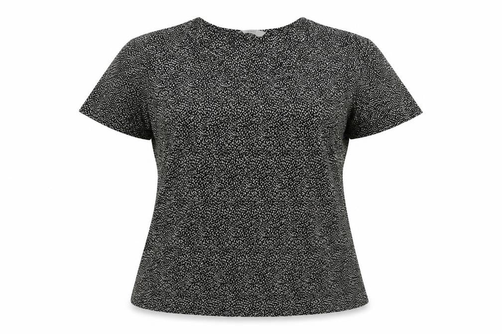Front view of Marks & Spencer women’s black geometric polyester basic t-shirt, size UK 12, round neck