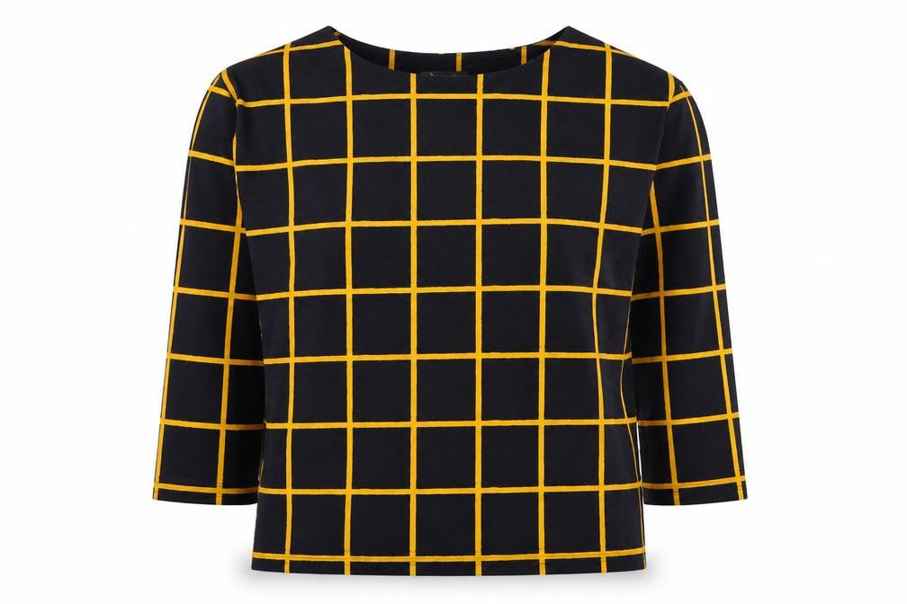 Front view of Bonmarché women’s blue geometric polyester basic blouse, size UK 12, round neck