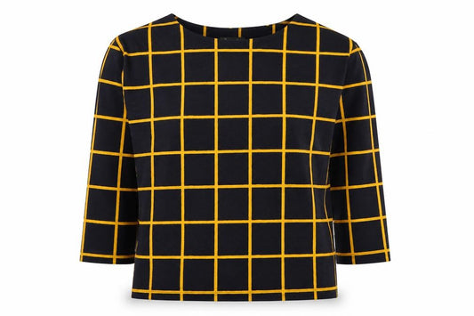 Front view of Bonmarché women’s blue geometric polyester basic blouse, size UK 12, round neck