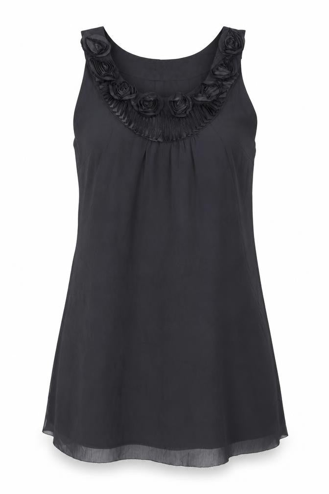 Front view of Kaliko women’s grey polyester a-line, size UK 12, round neck button - roses