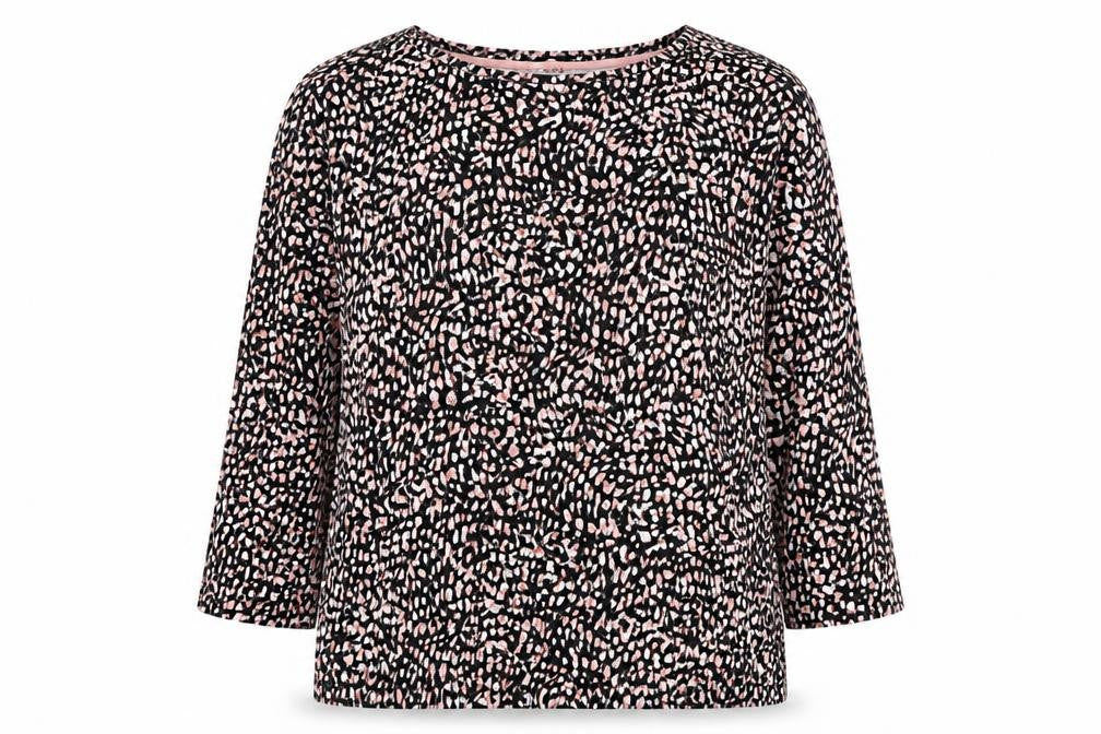 Front view of M&Co women’s black geometric cotton basic blouse, size UK 12, round neck