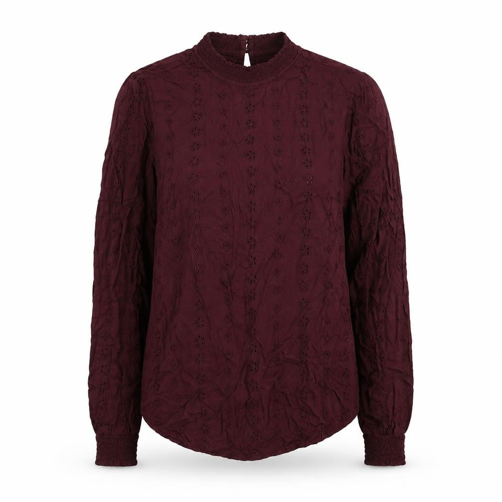 Front view of H&M women’s purple geometric viscose basic blouse, size UK 10, mock neck