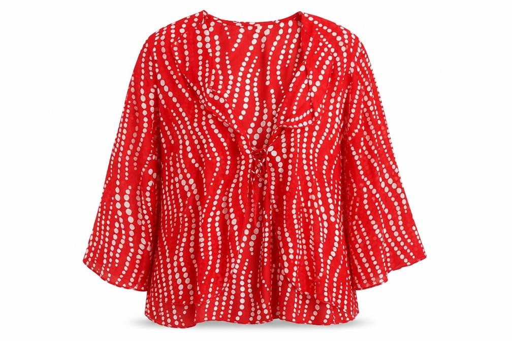 Front view of Riddell women’s red geometric polyester basic blouse, size UK 18, v-neck
