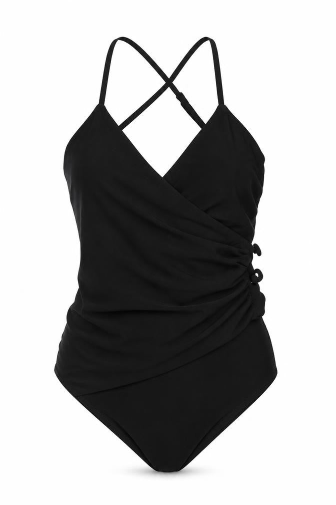 Front view of Zara women’s black polyester bodysuit one-piece, size S, button