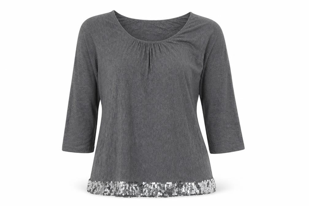 Front view of Phase Eight women’s grey viscose basic blouse, size S, scoop neck