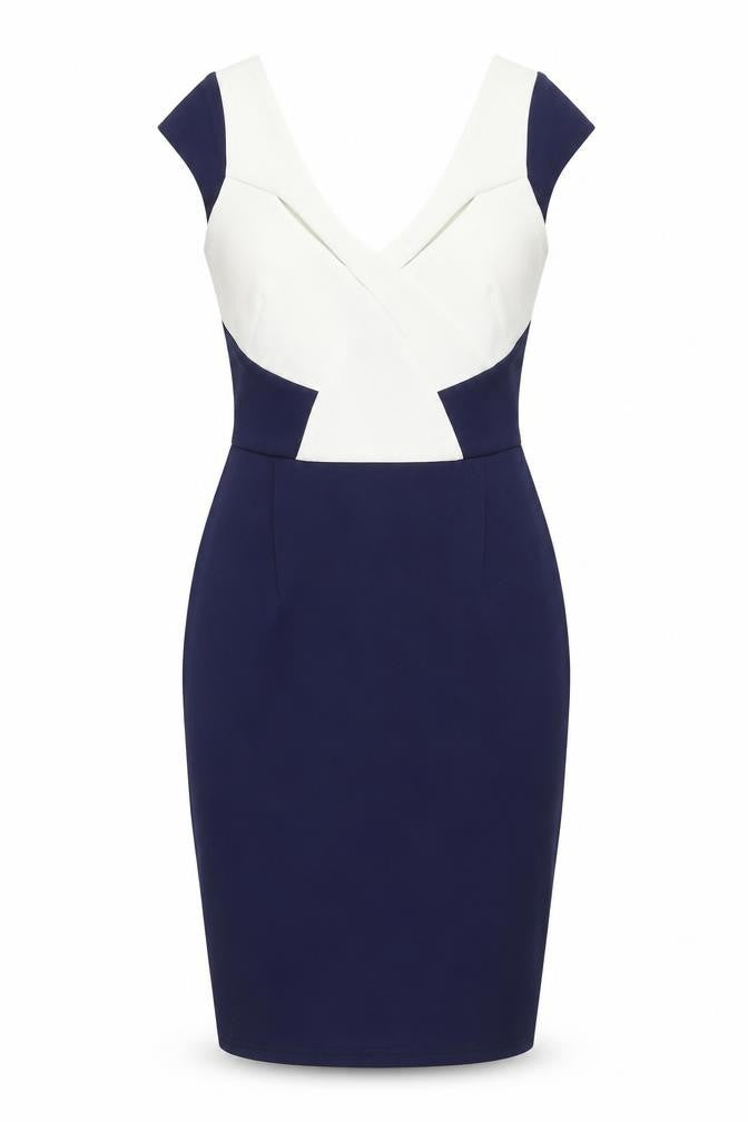 Front view of Lipsy women’s blue colourblock polyester bodycon, size UK 8, v-neck zip