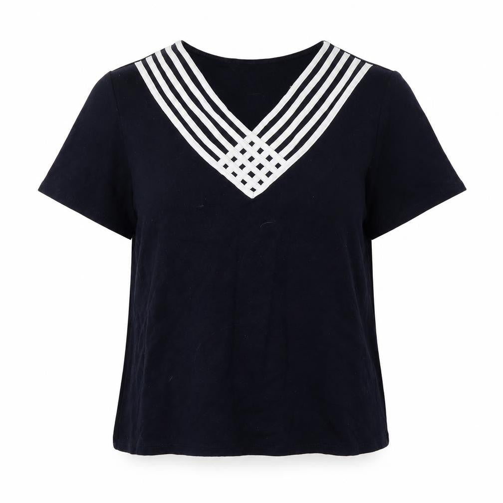 Front view of EWM women’s blue viscose basic blouse, size M, v-neck