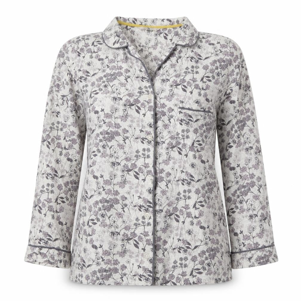 Front view of Tu women’s purple floral cotton basic button-up, size UK 14, v-neck