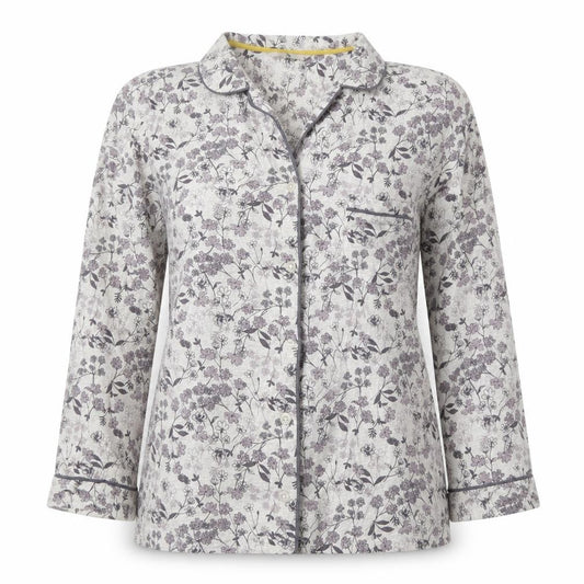 Front view of Tu women’s purple floral cotton basic button-up, size UK 14, v-neck