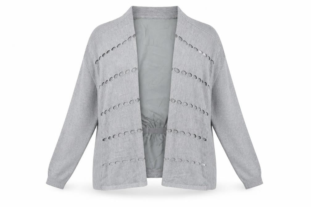 Front view of Per Una women’s grey v-neck acrylic cardigan jumper, size UK 14