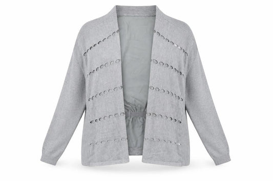 Front view of Per Una women’s grey v-neck acrylic cardigan jumper, size UK 14