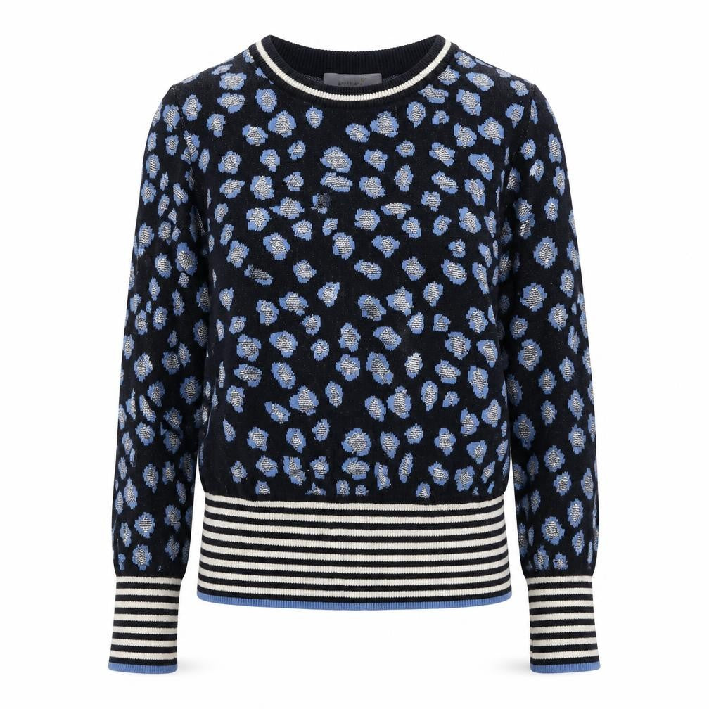 Front view of Per Una women’s blue round neck geometric viscose jumper, size UK 10