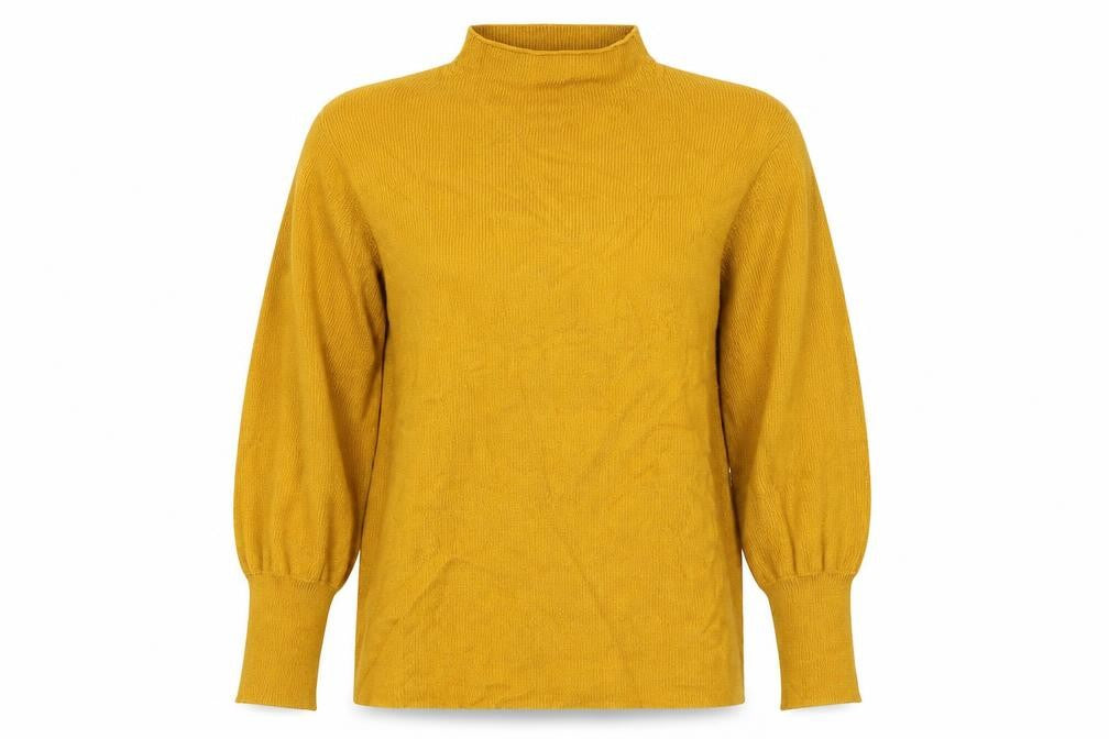 Front view of Peacocks women’s yellow high neck viscose jumper, size UK 14
