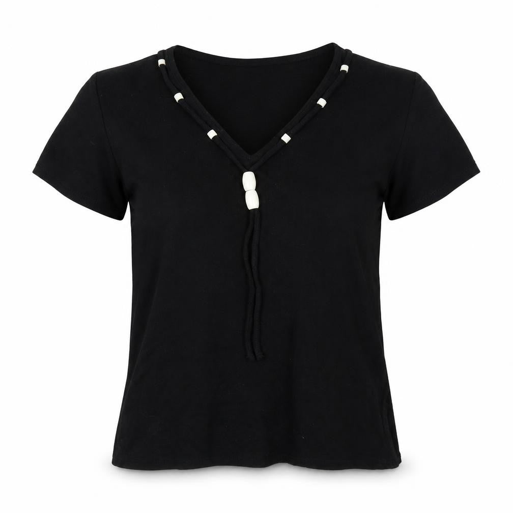 Front view of EWM women’s black viscose basic blouse, size M, v-neck