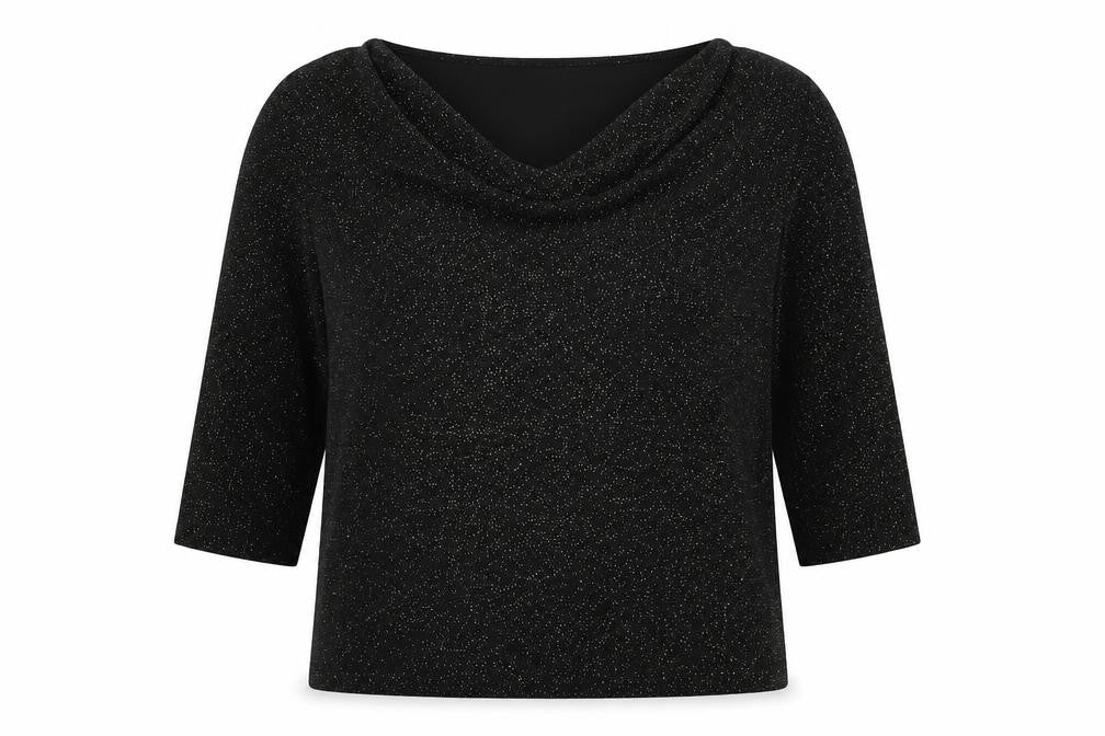 Front view of Anna Rose women’s black polyester basic blouse, size L, cowl neck