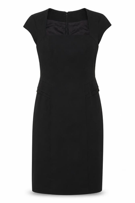 Front view of Warehouse women’s black polyester sheath, size UK 14, square neck zip