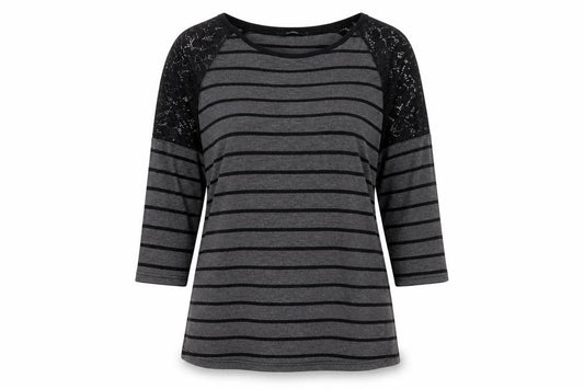 Front view of George women’s grey striped polyester basic blouse, size UK 12, round neck - lace detail