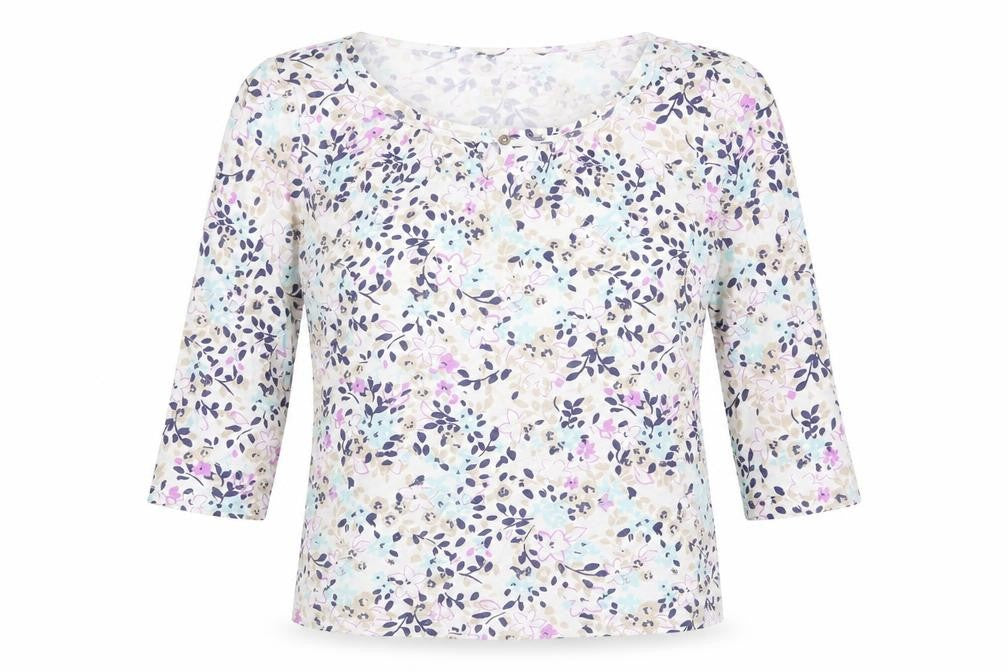 Front view of Bonmarché women’s multicoloured floral 100% cotton basic blouse, size M, round neck