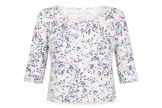 Front view of Bonmarché women’s multicoloured floral 100% cotton basic blouse, size M, round neck