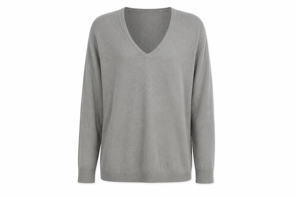 Front view of Primark women’s grey v-neck acrylic jumper, size M