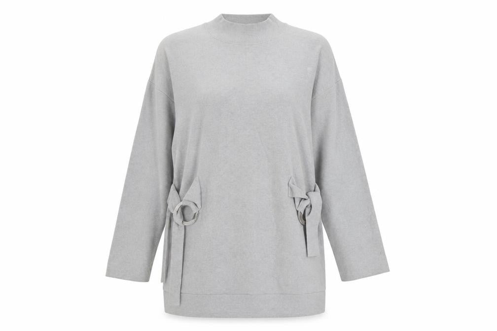 Front view of Tu women’s grey round neck acrylic jumper, size UK 14