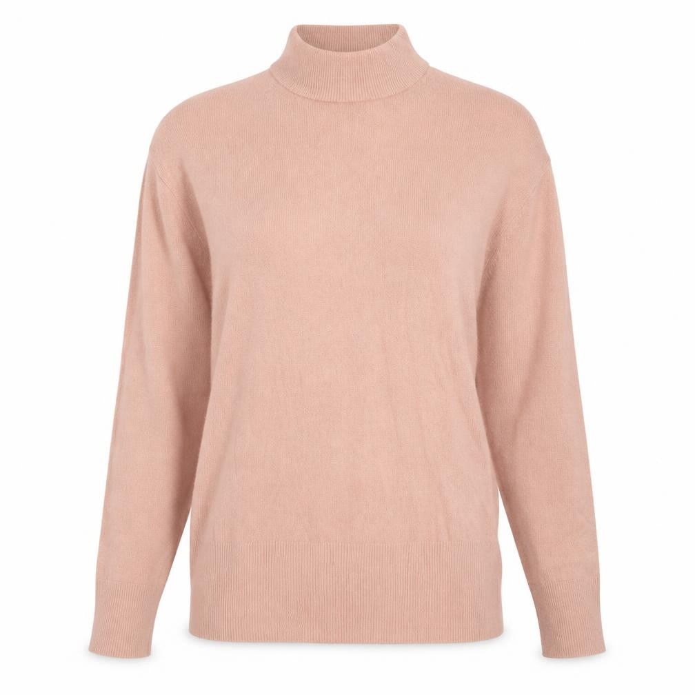 Front view of Matalan women’s pink mock neck acrylic jumper, size UK 8