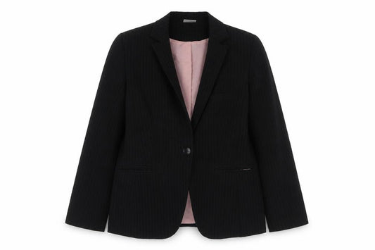 Front view of Select women’s black striped polyester jacket blazer, size UK 14