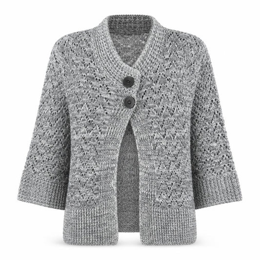 Front view of Voguish women’s grey round neck acrylic cardigan jumper, size S
