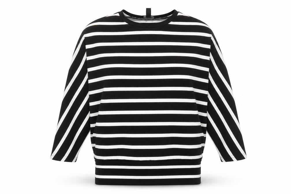 Front view of New Look women’s black crew neck striped polyester jumper, size S