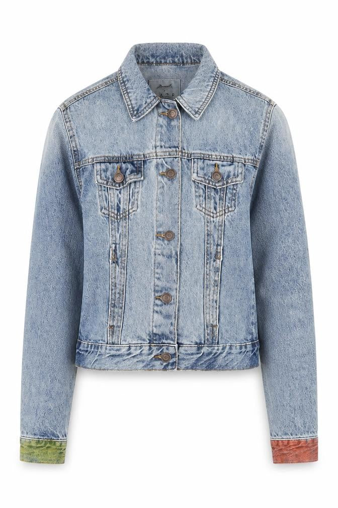 Front view of Denim & Co. women’s blue jacket, size UK 4, button