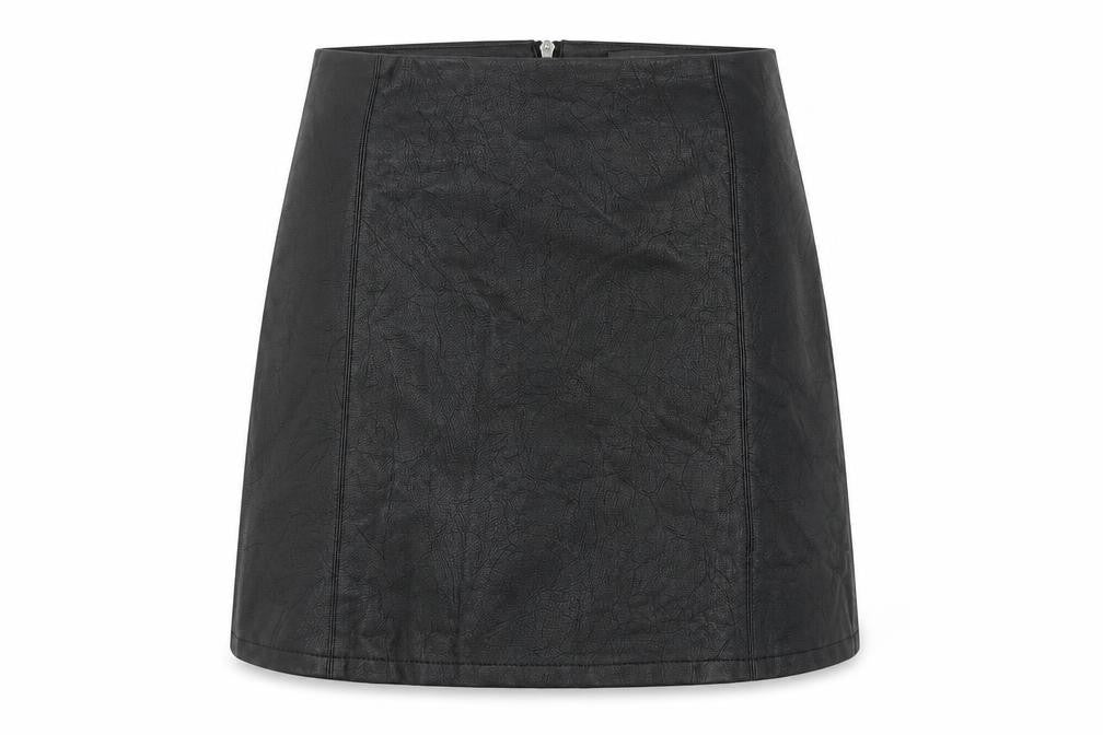 Front view of Primark women’s black polyurethane a-line skirt, size UK 8, zip