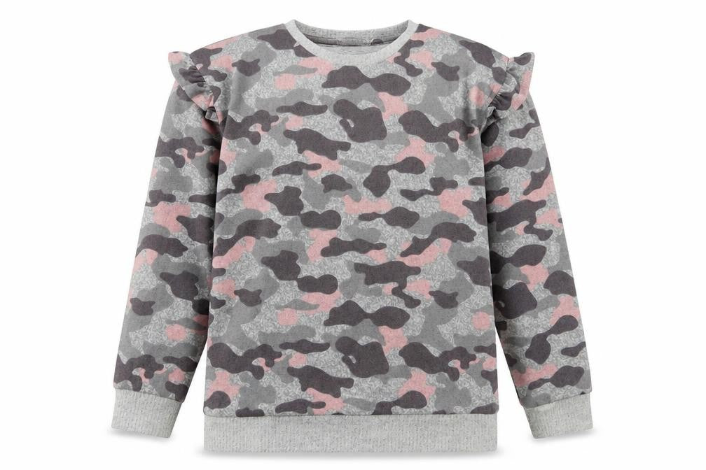 Front view of F&F girls’ pink camouflage polyester basic casual, size 12-13, years crew neck pullover
