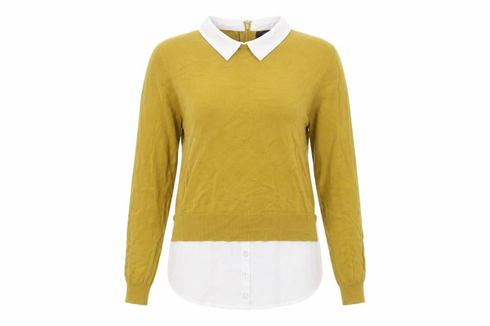Front view of Atmosphere women’s yellow collared viscose jumper, size UK 14