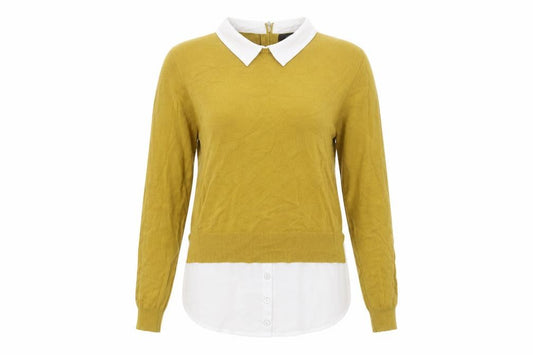 Front view of Atmosphere women’s yellow collared viscose jumper, size UK 14
