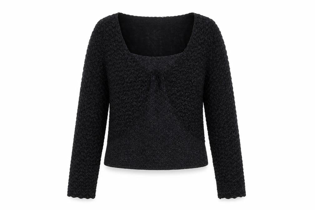 Front view of EWM women’s black v-neck acrylic jumper, size L