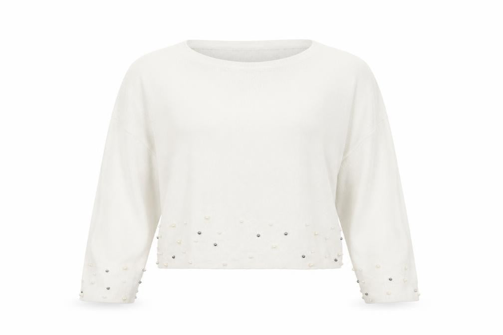 Front view of Stradivarius women’s white crew neck acrylic jumper, size S