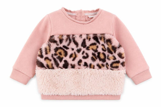 Front view of F&F girls’ pink animal print cotton jumper, size 0-3, months button