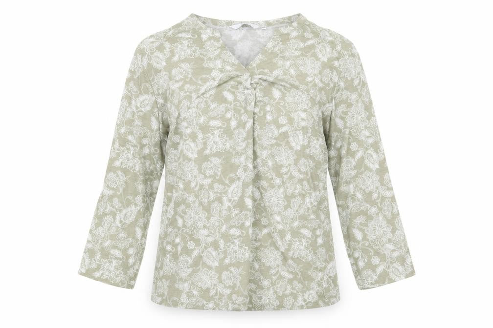 Isle Essentials Womens Green Floral Polyester Basic Blouse Size M V-Neck