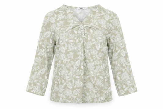 Front view of Isle Essentials women’s green floral polyester basic blouse, size M, v-neck