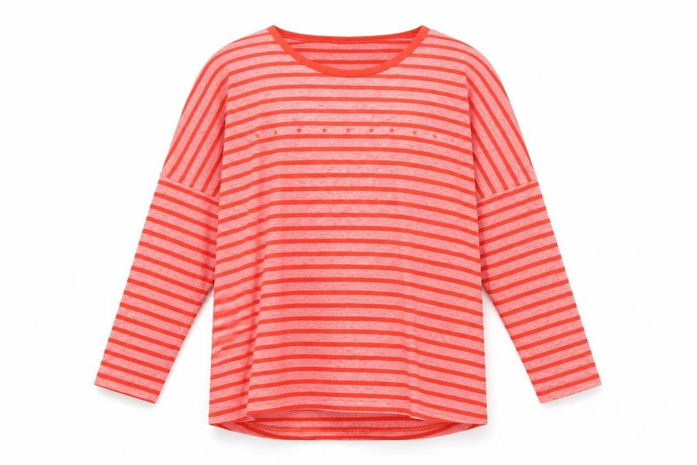 Front view of Karl Marc John women’s red striped polyester basic t-shirt, size M, round neck