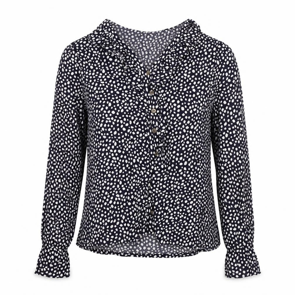 Front view of Marks & Spencer women’s black polka dot viscose basic blouse, size UK 6, v-neck