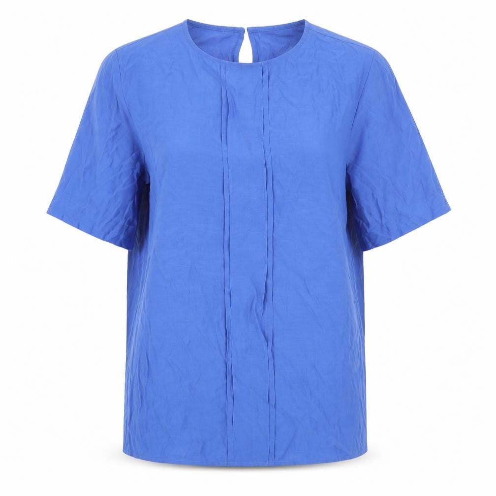 Front view of Marks & Spencer women’s blue viscose basic t-shirt, size UK 6, round neck