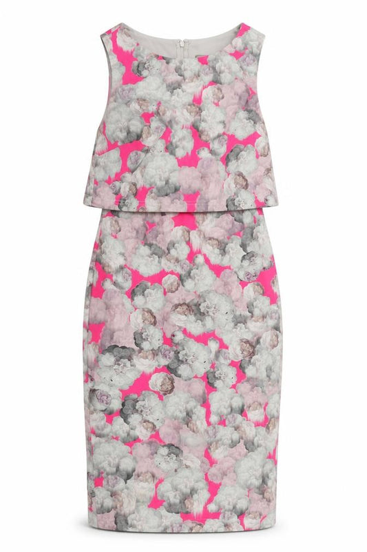 Front view of ASOS women’s pink floral polyester bodycon, size UK 8, round neck zip