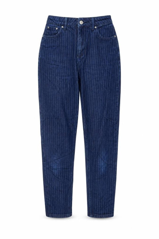 Front view of Topshop women’s blue striped cotton mom jeans, size UK 26, in, 32-inch leg regular zip