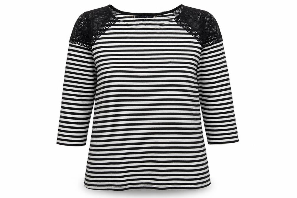 Front view of Principles women’s black striped viscose basic blouse, size UK 12, round neck - lace shoulder