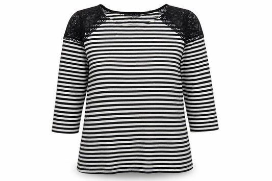 Front view of Principles women’s black striped viscose basic blouse, size UK 12, round neck - lace shoulder