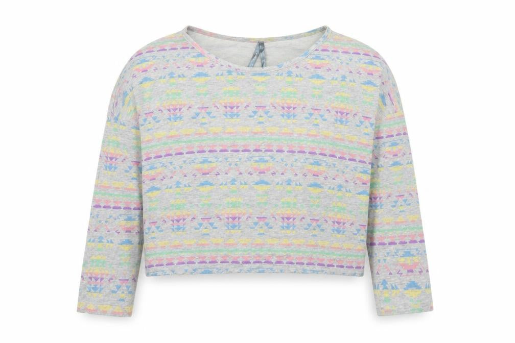 Front view of Influence women’s grey geometric polyester pullover sweatshirt, size UK 14, pullover - cropped