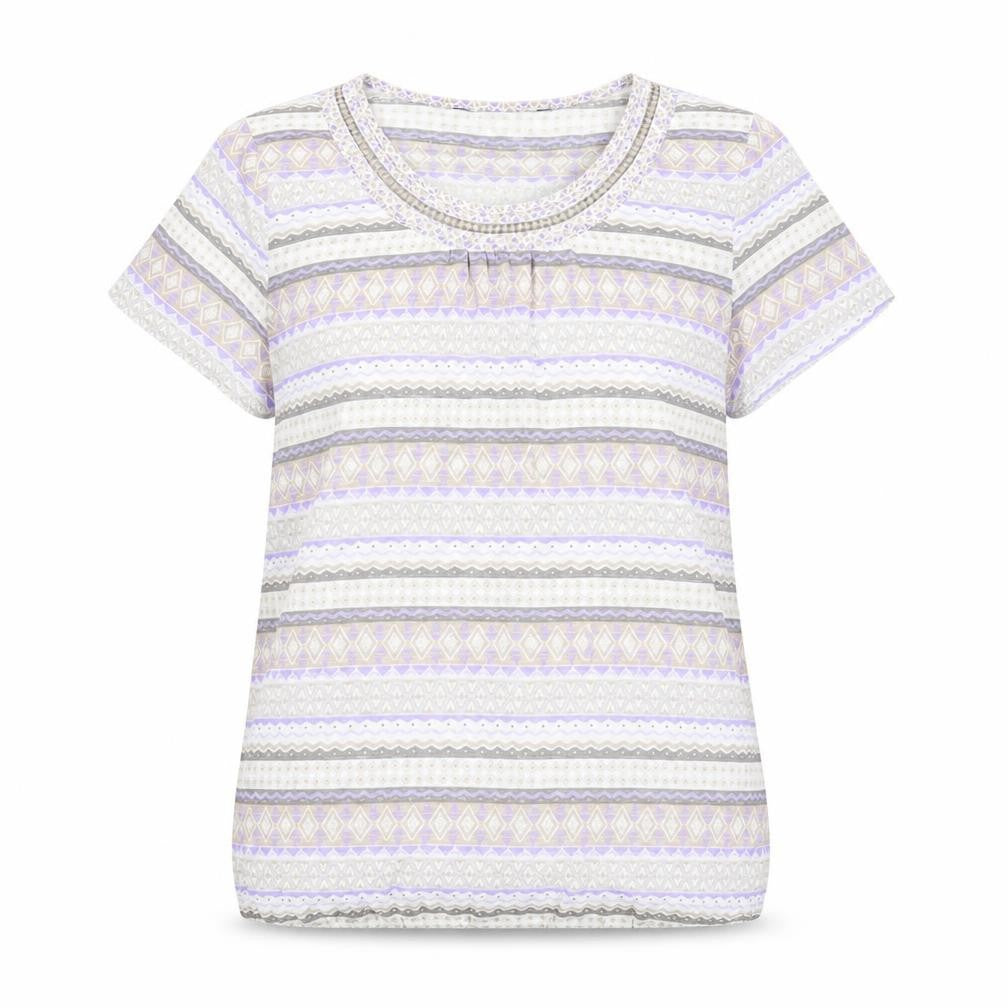 Front view of Preworn women’s multicoloured geometric polyester basic blouse, size UK 16, scoop neck
